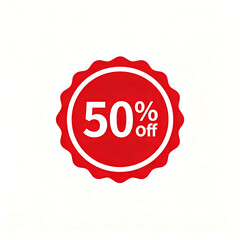 A red badge with a white border displaying a 50% off discount.
