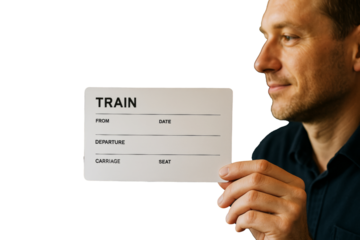 Man holding empty train ticket in hand, isolated style on white background, closeup layout for travel planning and design concept. Ai generative