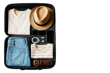 Open suitcase with casual clothes, hat, sunglasses, and phone, isolated on white background, clean top view layout for travel concept. Ai generative