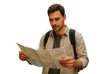 Man holding map while traveling, clean photographic style, isolated on white background. Concept of travel planning and exploration. Ai generative