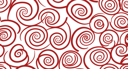 Many red spirals, lines, and whorls repeat on a white background