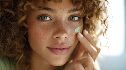 Young woman of African descent with curly hair and freckles applying green cream to her face with fingers. Healthy glowing skin. Generative AI