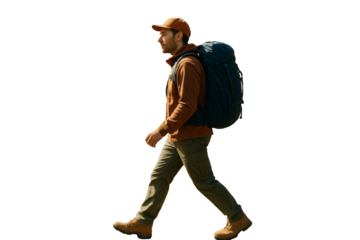 Man walking in hiking outfit with backpack, realistic style, isolated on white background, concept of travel and exploration. Ai generative