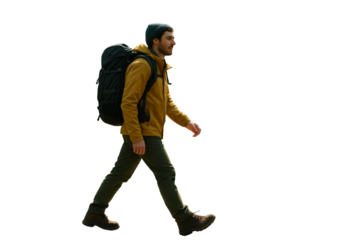 Man in hiking gear walking with backpack, isolated style on white background. Concept of travel, exploration, freedom, and outdoor lifestyle. Ai generative