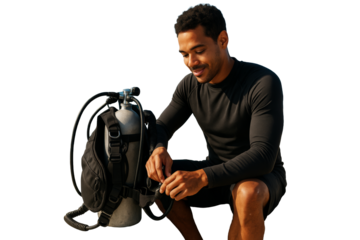 Smiling man adjusting scuba diving equipment isolated on white background, clean closeup layout for travel or underwater adventure concept. Ai generative