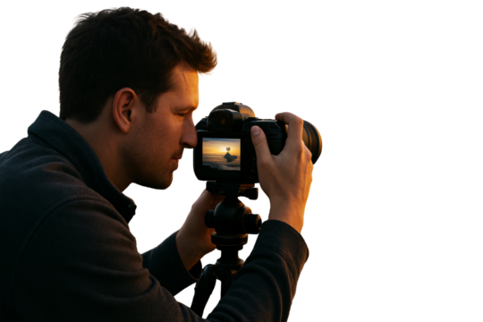 Man using a camera to photograph a sunset, isolated closeup style on white background, concept of travel or creative layout element. Ai generative