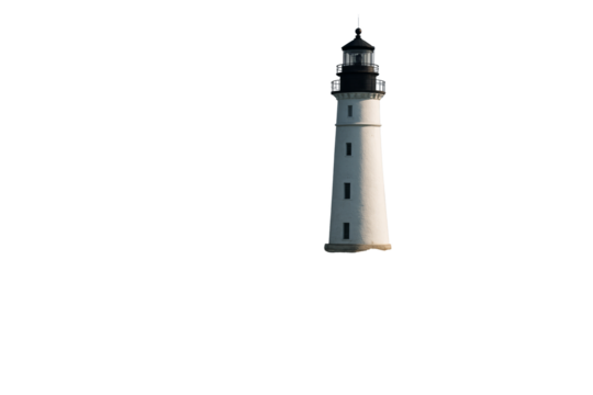 Classic white lighthouse with black lantern room isolated on transparent background, ideal for travel, layout, or design concept. Ai generative