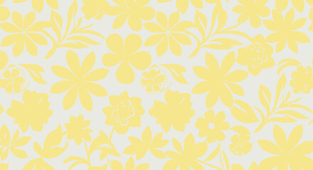 Floral pattern light yellow flowers & leaves on light gray background