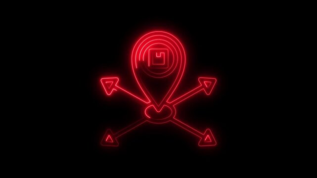 Animated neon glowing localization symbol with arrows on black background