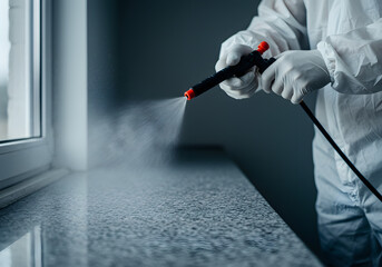Exterminator in protective suit spraying pesticide on window during pest control treatment in a home or business
