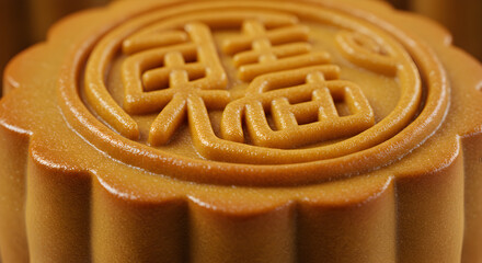 Close-Up View of a Traditional Mooncake with Intricate Designs and Golden-Brown Hue for Mid-Autumn Festival