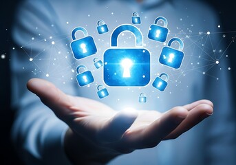 Digital security and protection concept with glowing padlock icons floating above an open hand