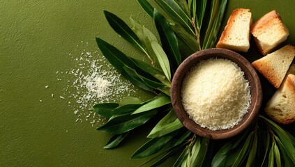Wooden bowl of grated cheese, olive branches, and toasted bread pieces arranged on a dark green background