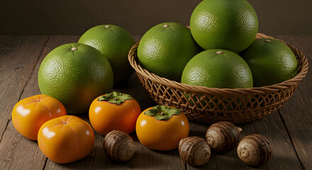 Colorful Display of Green Pomelos and Yellow Persimmons in Rustic Wooden Setting