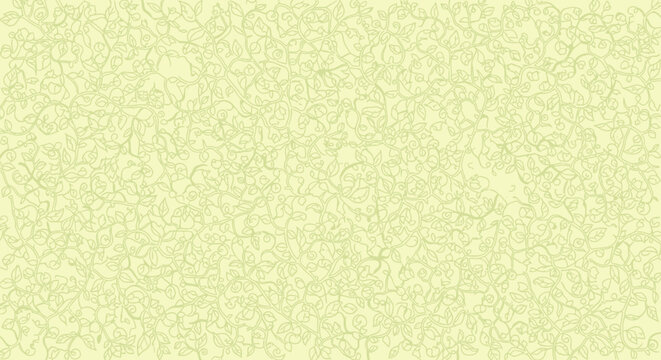 Light olive floral pattern with vines and leaves over a light yellow background