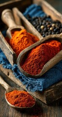 Wooden box overflowing with vibrant red paprika powder and dark peppercorns, nestled on a rustic blue cloth.  Wooden scoops showcase the spices