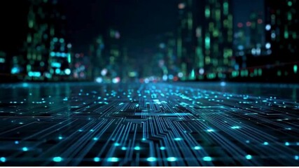 Abstract digital cityscape with glowing data lines and futuristic network connections, representing modern technology, big data, and global communication infrastructure