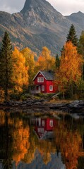 Fototapeta premium Red house in autumn forest near lake with mountain background landscape scenery