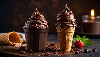 Dark chocolate ice cream treats on dark background
