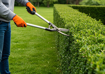 A person wearing orange gloves is trimming a hedge with hedge trimmers in a garden on a sunny day
