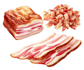 Obraz premium A block of smoked bacon, a pile of diced bacon, and three slices of raw bacon isolated on transparent background