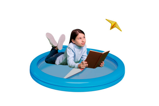 Creative image collage young excited girl read book schoolkid literature novel encyclopedia paper plane flight message compass orientation