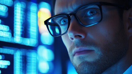 Focused man in glasses analyzes data on glowing blue futuristic screen