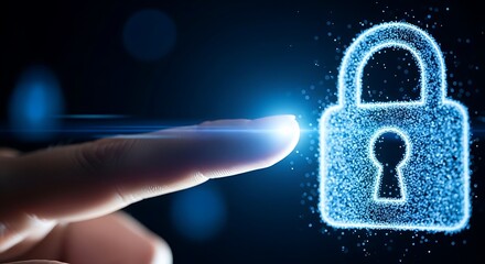 Finger touching a glowing digital padlock icon representing cybersecurity and data protection