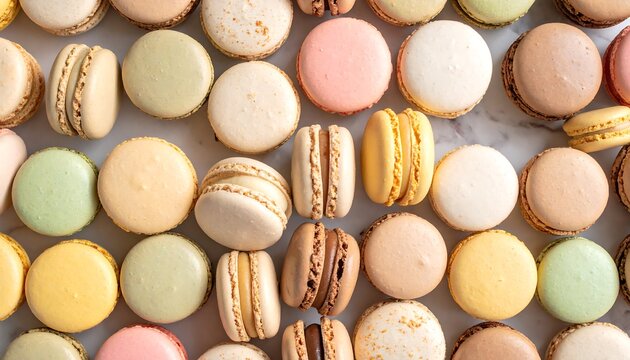 Colorful macarons arranged on marble