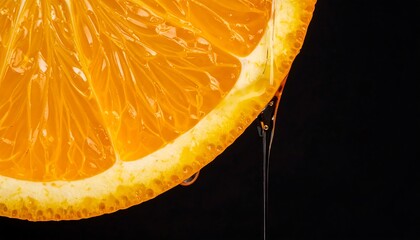 Close-up of an orange slice with juice dripping