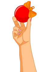 Hand holding red Christmas ball ornament holiday decoration isolated. llustration of female hand with light skin tone holding shiny red Christmas ornament with orange bow.