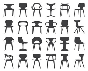 Collection of 25 modern silhouette chair designs for interior design and furniture concepts silhouette vector illustration white background