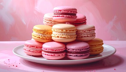 Colorful macarons pyramid on plate