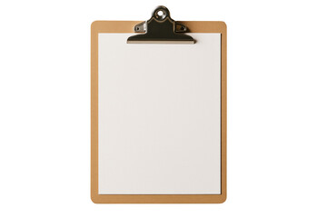 Wooden clipboard with blank paper and metal clip isolated on white background, clean minimalist layout for design or presentation concept. Ai generative