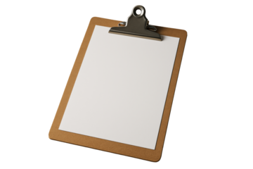 Clipboard with blank paper clipped, isolated realistic style, transparent background, concept of clean design layout element. Ai generative