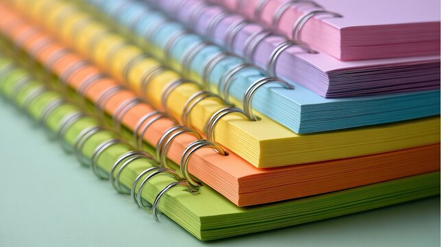 Colorful Spiral Notebooks on a Desk Stationery Collection Office Environment Close-Up View Organizational Concepts for Productivity