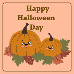 Cute Pumpkin Halloween Greeting Card with Autumn Leaves