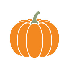 Simple orange pumpkin illustration with green stem on white background