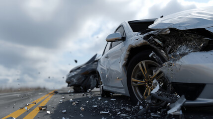 A realistic visualization of a devastating car crash, crumpled vehicles with destroyed front ends, airbags deployed, and debris scattered on the road. The scene is designed for edu