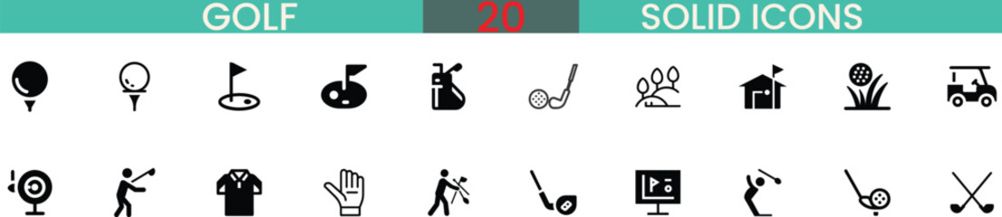 Golf solid icon set sports activities equipment and actions vector