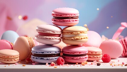 Colorful macarons stacked in a pyramid, sweet treats