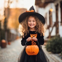 Cute child girl with curly hair wearing witch costume for Halloween holding a pumpkin smiling to camera in the city.