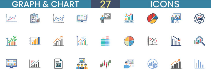 Graph and chart icons for business and data analysis applications vector
