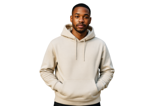 Man wearing beige hoodie with hands in pockets, realistic photography style, isolated on white background. Concept of fashion or apparel. Ai generative