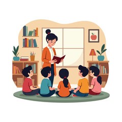 Fototapeta premium World Teachers’ Day vector illustration celebrating educators with students in classrooms, books, school supplies, and cheerful learning scenes, perfect for posters and social media