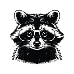 Black and white illustration of a raccoon wearing glasses