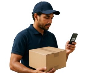 Courier holding parcel and scanning barcode with mobile phone, isolated style on white background. Concept of delivery logistics. Ai generative