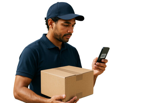 Courier holding parcel and scanning barcode with mobile phone, isolated style on white background. Concept of delivery logistics. Ai generative