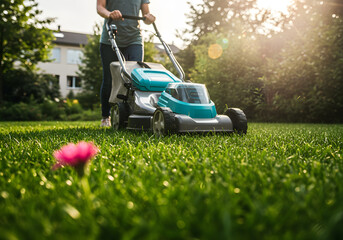 A woman is mowing the lawn with an electric mower, demonstrating eco friendly lawn care practices and the use of sustainable gardening equipment