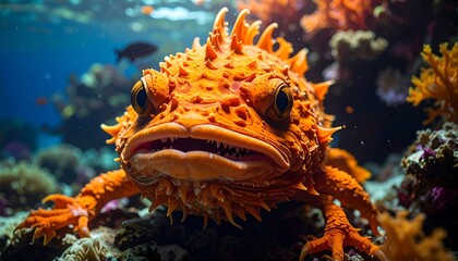 Close-up of an orange spiny fish in coral reef